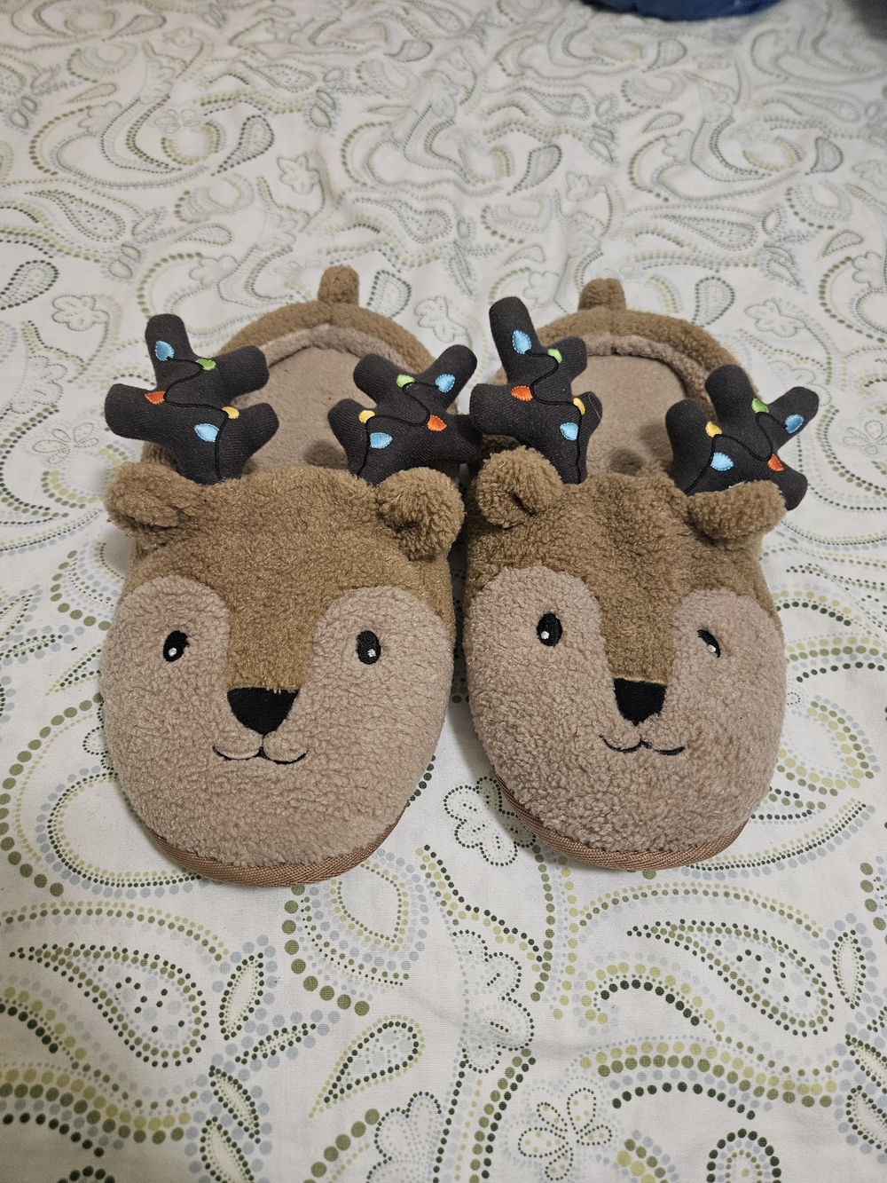 Brown Reindeer Plush Slippers with Festive Antlers